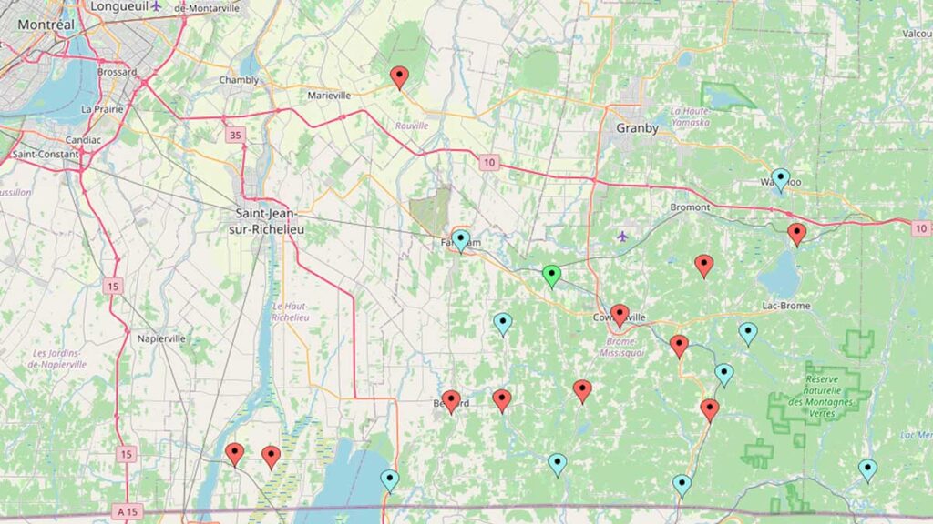 Map with pins showing active buildings in regional ministry